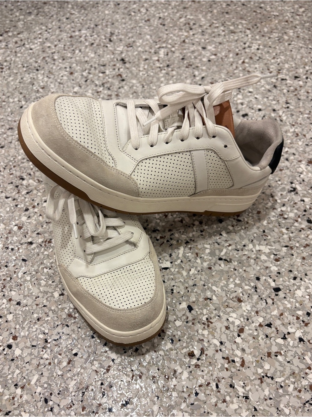 Men’s Vince Cream and Tan Perforated Leather and Suede Sneakers Size EU 44/US 10